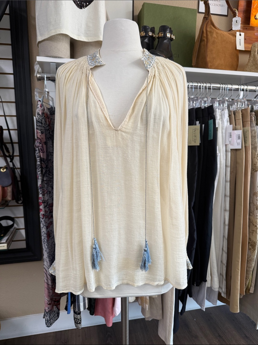 Anthropologie | Attic & Barn Cream Boho Long Sleeve Blouse with Blue Metallic L